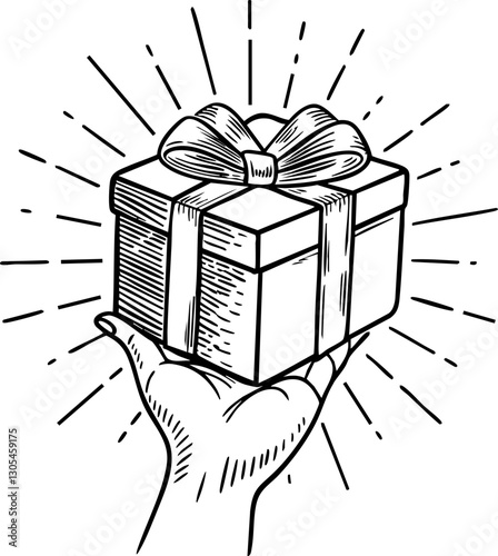 A hand holding a gift box with a ribbon and light rays emanating from it.