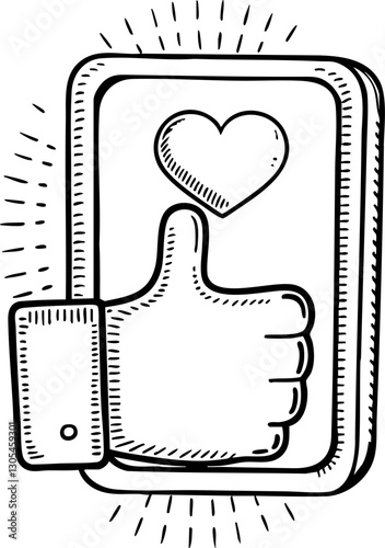 Illustration of a thumbs-up hand gesture with a heart symbol on a smartphone screen.