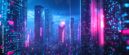Wallpaper Mural A vibrant, futuristic cityscape with towering skyscrapers illuminated by neon pink and blue lights, set against a cloudy evening sky. Torontodigital.ca