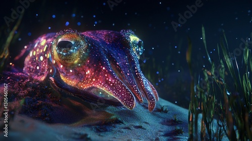 Cuttlefish pulse shifting color perfectly mimicking rippling sand seaweed below hypnotic display of chromatophores glow under diffused ocean light Hyper detailed skin pattern 8K realism ultra HD