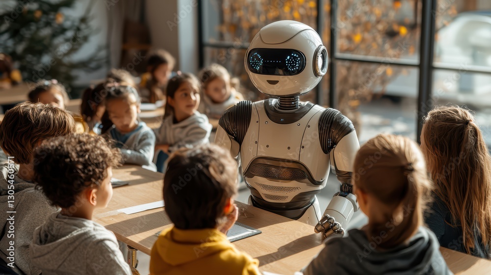 Fototapeta premium Futuristic classroom humanoid robot engages students in learning