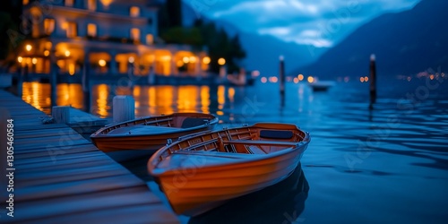 Picturesque Dusk at Lake Como, Two Boats Resting on a Wooden Pier