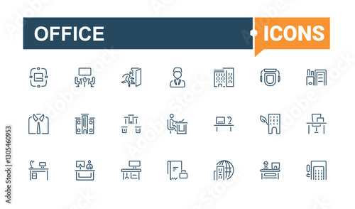 Office modern icon. Included icons as leader, tea, businessman, meeting, table and more. Set of line pictogram. Editable stroke icon collections.