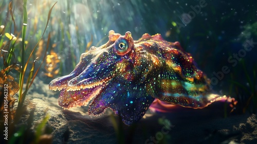 Cuttlefish pulse shifting color perfectly mimicking rippling sand seaweed below hypnotic display of chromatophores glow under diffused ocean light Hyper detailed skin pattern 8K realism ultra HD