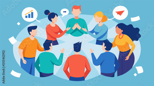 The team huddles in a circle taking turns critiquing each others points and brainstorming ways to strengthen their argument.. Vector illustration