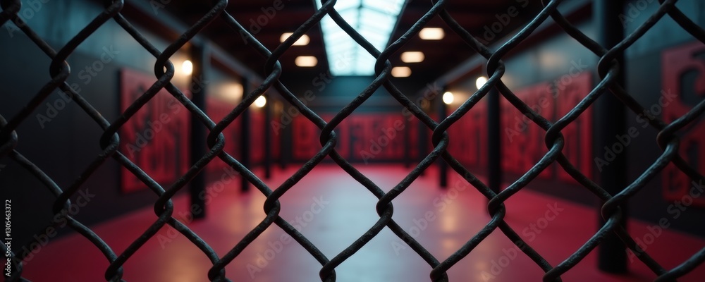 Fototapeta premium A striking view of an indoor gym space, framed through a chain-link fence, featuring vibrant red and black elements that create an energetic atmosphere.