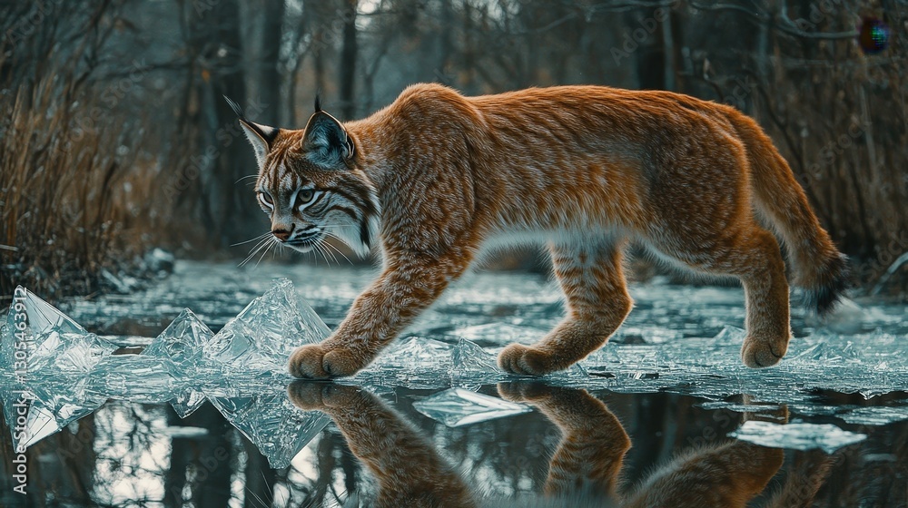 Lynx walking on ice frozen lake wildlife photography winter landscape close-up nature's elegance Lynx walking on ice frozen lake wildlife photography winter landscape close-up nature's elegance