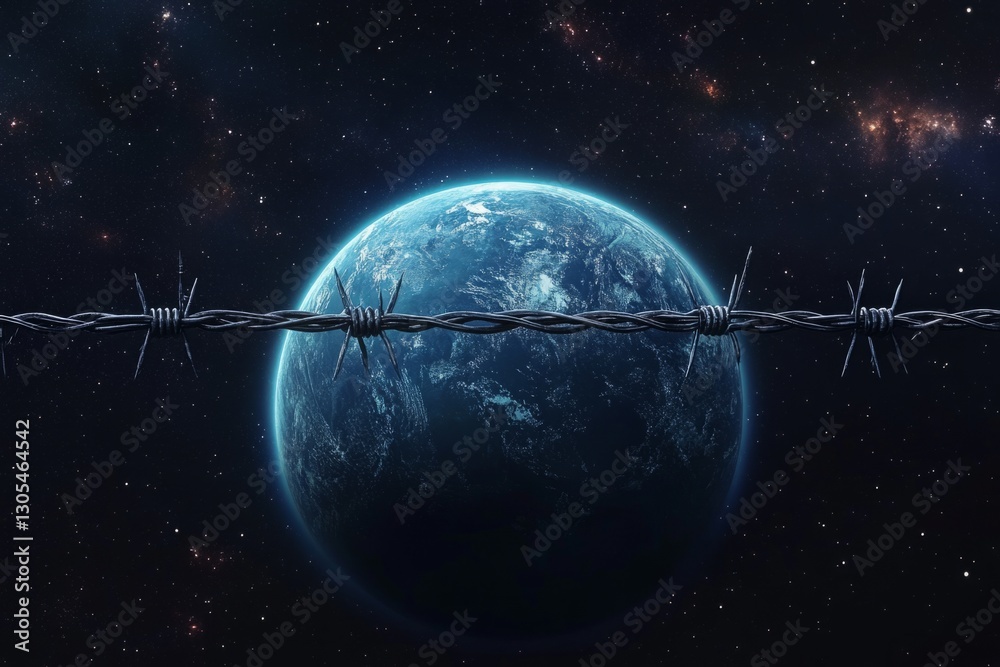 Obraz premium Barbed wire encloses earth in space, symbolizing global confinement, restrictions, and planetary boundaries