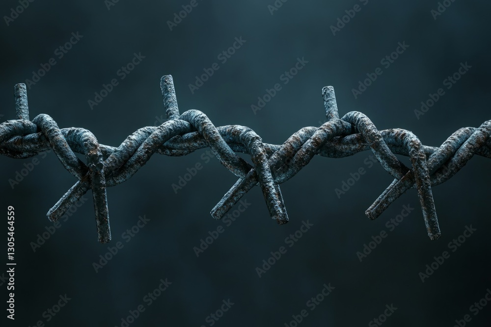 Close-up of rusty barbed wire, symbolizing restriction, danger, and security