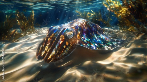 Cuttlefish pulse shifting color perfectly mimicking rippling sand seaweed below hypnotic display of chromatophores glow under diffused ocean light Hyper detailed skin pattern 8K realism ultra HD