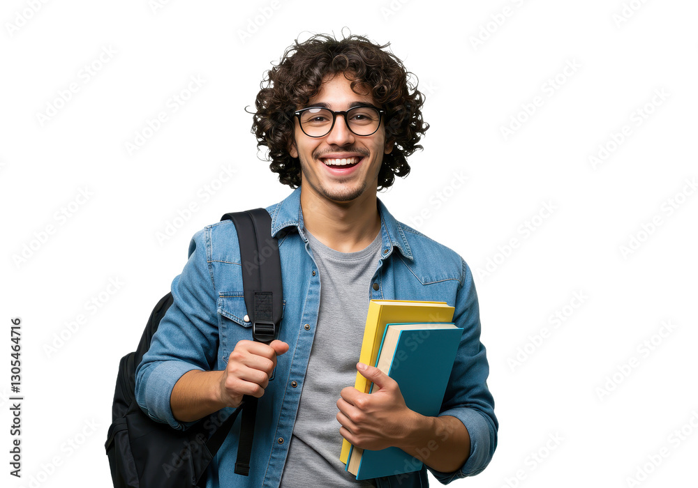 Fototapeta premium A happy young male student with holds a stack of books in his arms isolated on transparent background