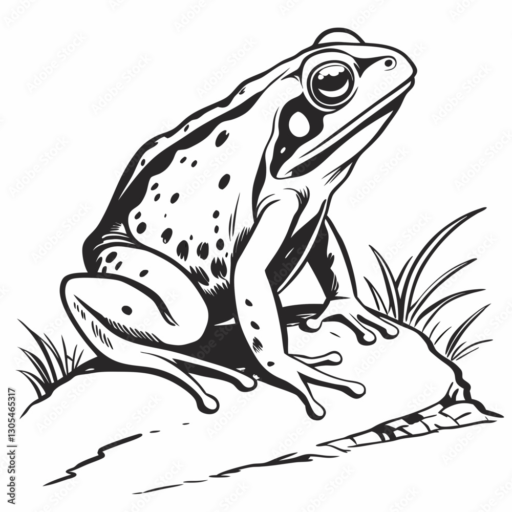 Naklejka premium A striking black and white frog drawing with bold outlines, perfect for tattoos, logos, and artistic designs. Ideal for nature and wildlife-themed projects.