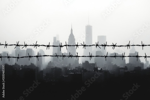 Barbed wire fencing is protecting skyscrapers, creating a dramatic contrast and suggesting concepts of security, restriction, and urban isolation