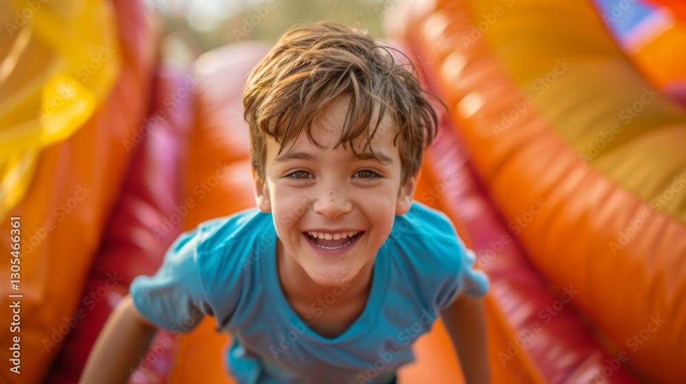 Joyful child playing in colorful bounce house on a sunny day at a local fair Joyful child playing in colorful bounce house on a sunny day at a local fair