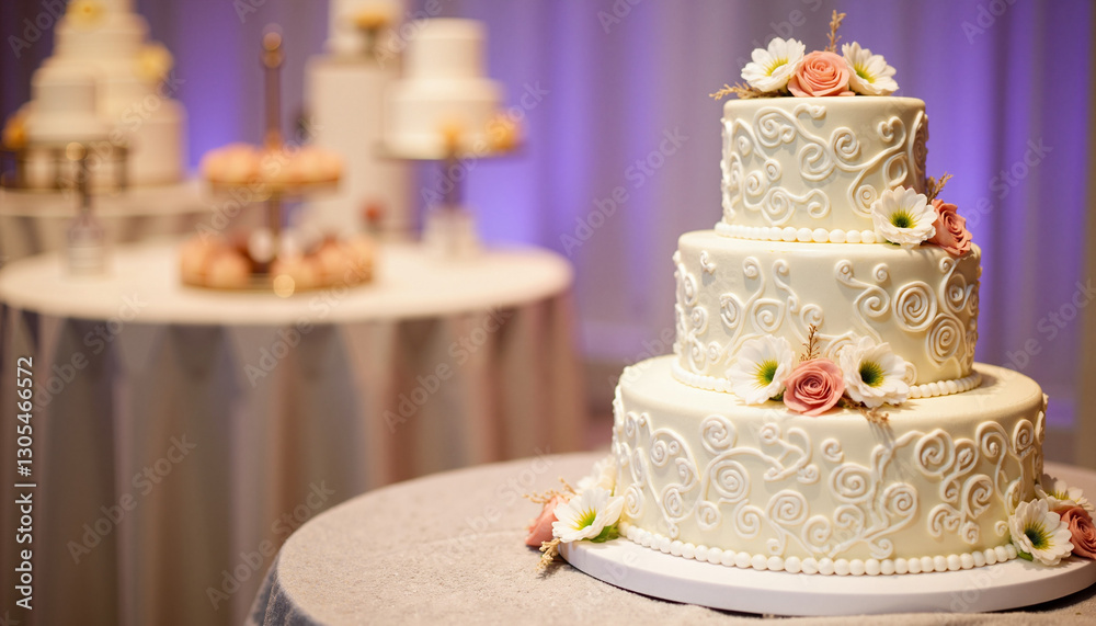 Fototapeta premium Elegant three-tiered wedding cake with floral decorations, celebration