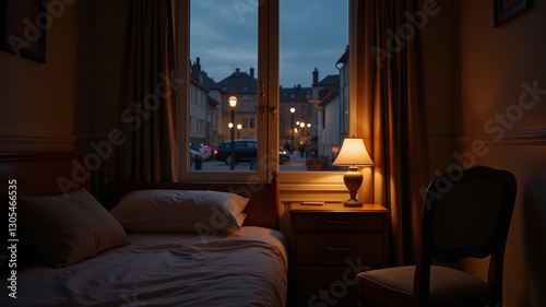 Bedside tables near windows with streetlights outside photo
