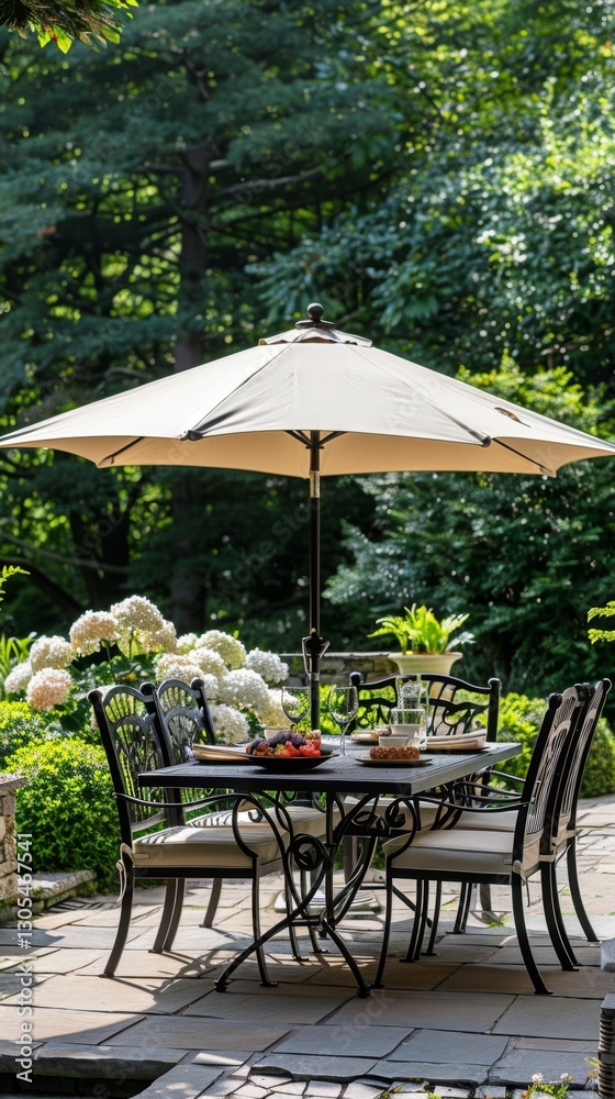 Fototapeta premium Outdoor dining setup under a large umbrella in a serene garden surrounded by lush greenery and blooming flowers