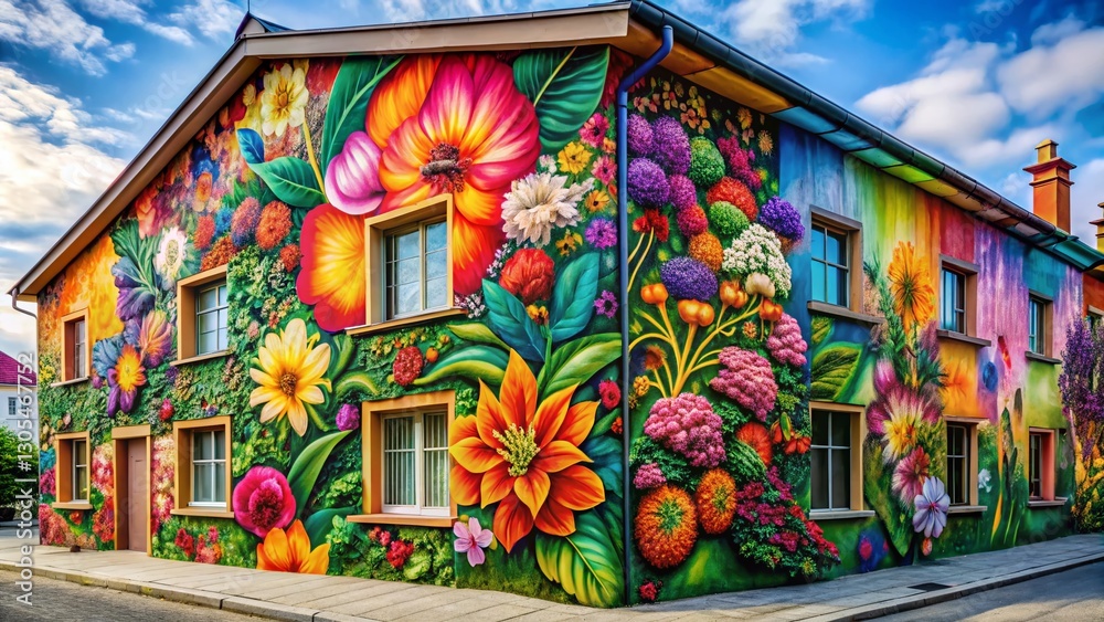 Fototapeta premium Intricate Flower Garden Spray Paint Art Design on Building Wall Architectural Photography