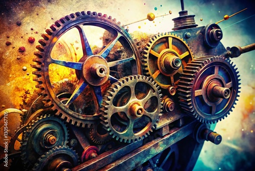 Intricate Gears & Ink: Macro Double Exposure of Vintage Printing Press