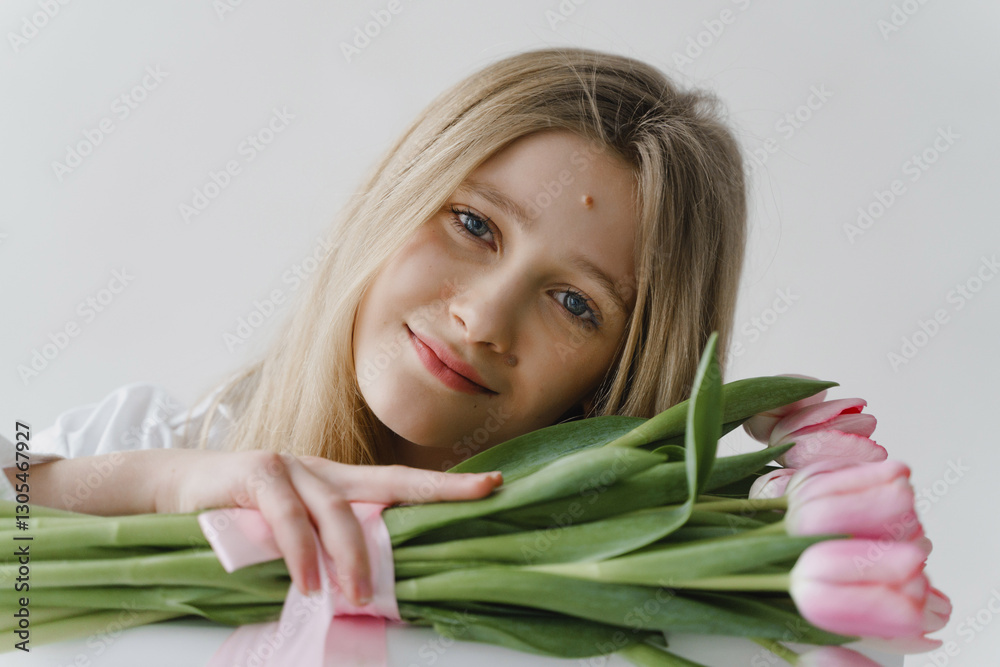 Naklejka premium Beautiful girl with blond hair with a bouquet of flowers. Girl in a bright room with a bouquet of tulips. Fresh spring flowers