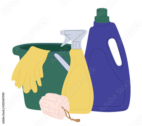 Cleaning supplies, bucket, washing brush, detergent, chemical spray bottle and cloth. Housekeeping tools, housework.