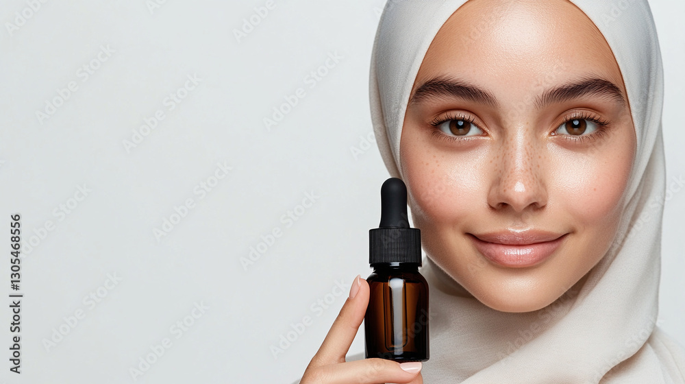 © BONI - Mujer con hiyab sosteniendo frasco de suero cosmético con piel radiante y fondo neutro © BONI - Mujer con hiyab sosteniendo frasco de suero cosmético con piel radiante y fondo neutro