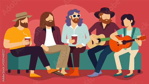 The band takes a break and the members reminisce about their past gigs and the wild stories that come with life on the road.. Vector illustration