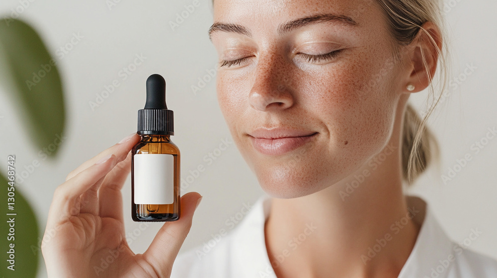 Fototapeta premium Mujer joven con pecas y piel luminosa sosteniendo un frasco de suero cosmético con gotero, con los ojos cerrados y expresión relajada.