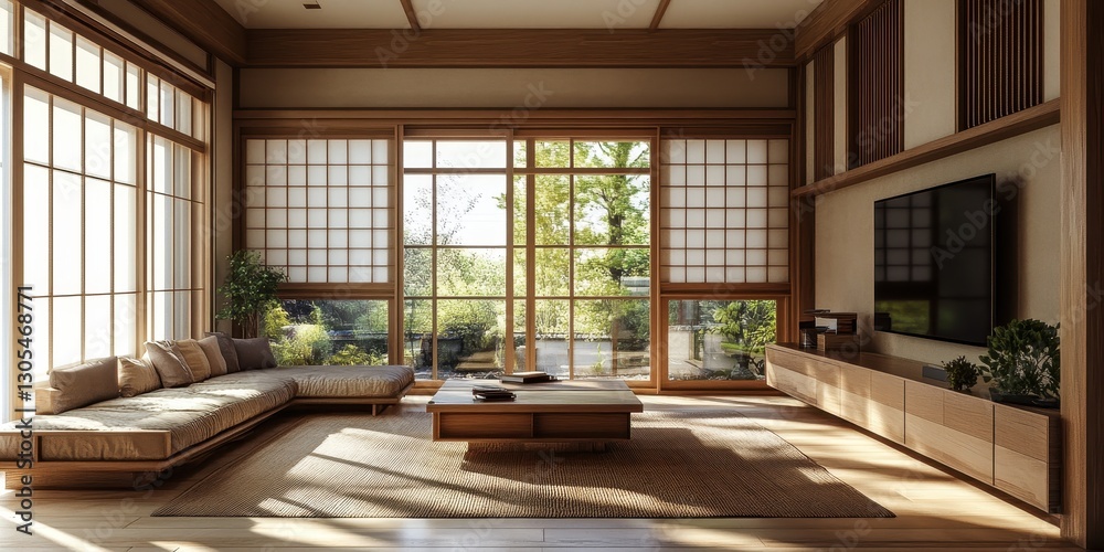 A serene living room featuring traditional japanese design elements A serene living room featuring traditional japanese design elements