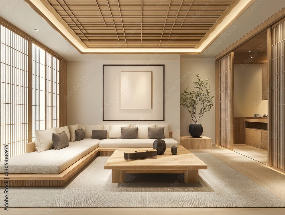 A modern minimalist interior showcases simple lines and warm tones A modern minimalist interior showcases simple lines and warm tones