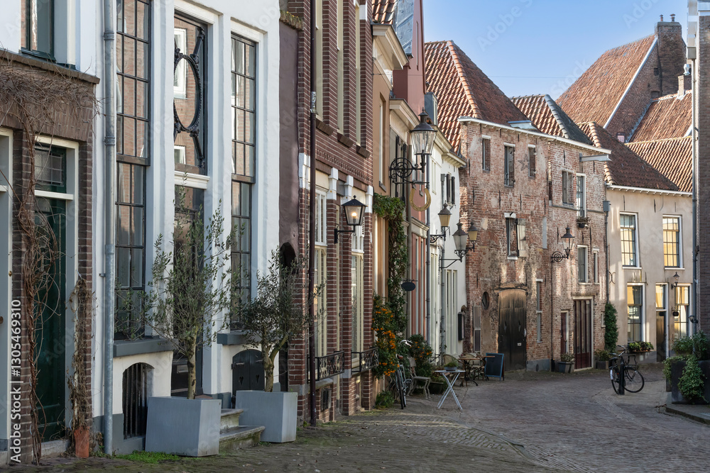 Naklejka premium Street in the old center of the medieval city of Deventer.