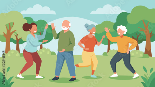 The quiet whispers of instruction and encouragement together with the occasional burst of laughter as seniors of varying levels of ability practice Tai Chi in the lush grass of a. Vector illustration
