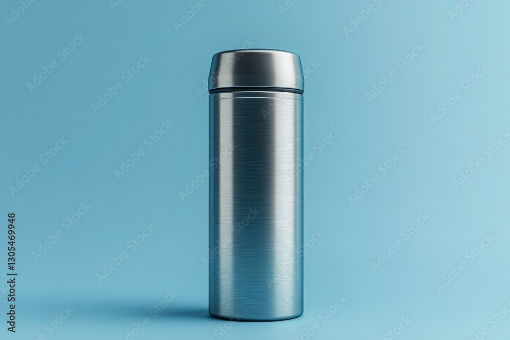 Brushed metal water bottle on a seamless blue backdrop, promoting reusable drinkware for an eco-conscious lifestyle Brushed metal water bottle on a seamless blue backdrop, promoting reusable drinkware for an eco-conscious lifestyle