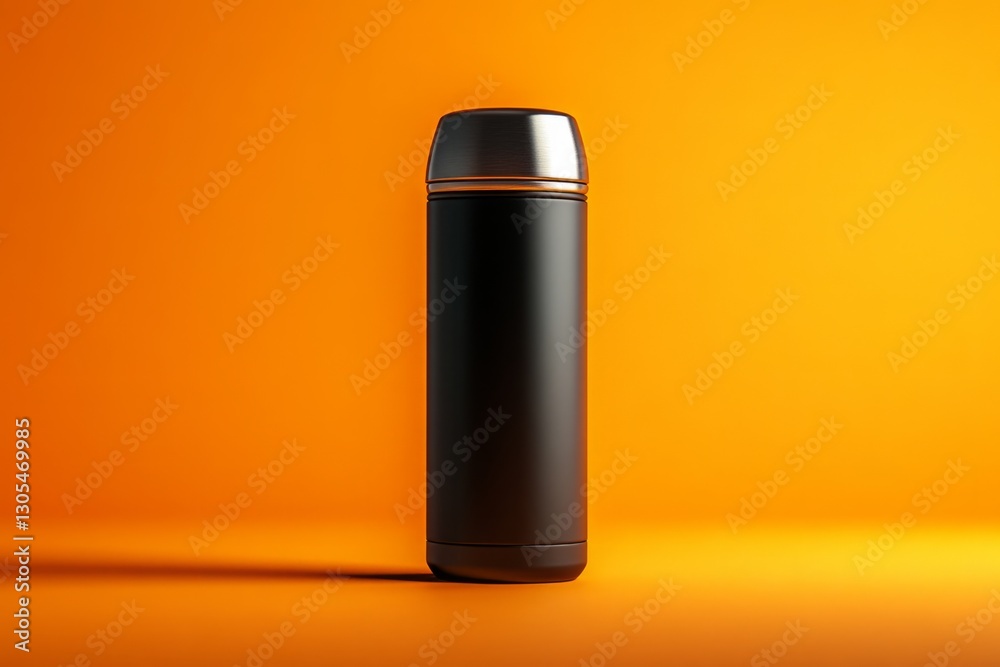 Black thermos flask is standing on an orange background Black thermos flask is standing on an orange background