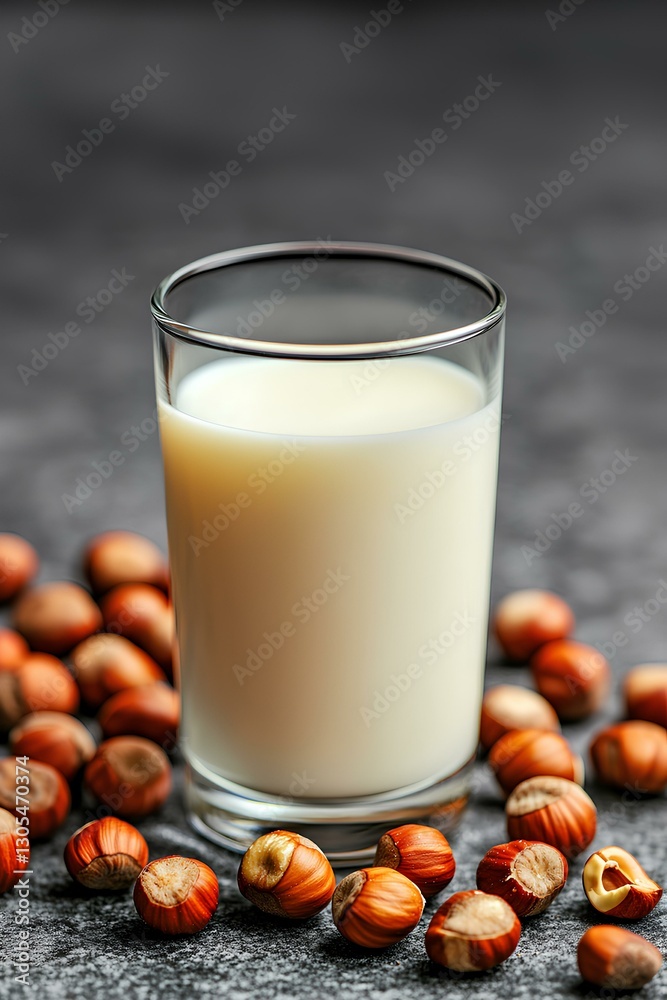 Organic and nutritious hazelnut milk with hazelnuts on a gray background, styled for a clean and modern grocery store ad. Copy space. Organic and nutritious hazelnut milk with hazelnuts on a gray background, styled for a clean and modern grocery store ad. Copy space.