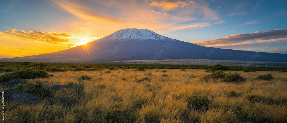 Obraz premium A stunning view of a majestic mountain peak framed by a warm glowing sunset sky. The landscape features golden grass fields in the foreground creating a serene atmosphere.