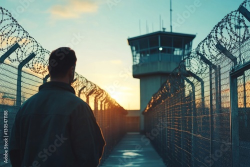 Prisoner walking towards freedom at sunset in penitentiary surveillance tower background
