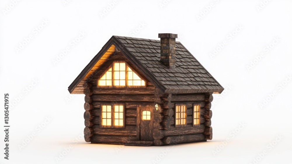 Illuminated Wooden Cabin Model on White Background Illuminated Wooden Cabin Model on White Background