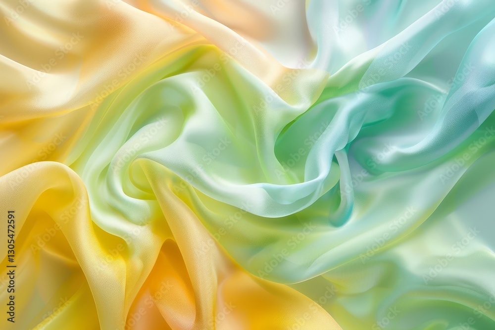 Fototapeta premium Soft silk flows in pastel yellow, green, and blue, crafting a serene, elegant vibe ideal for artistic pursuits