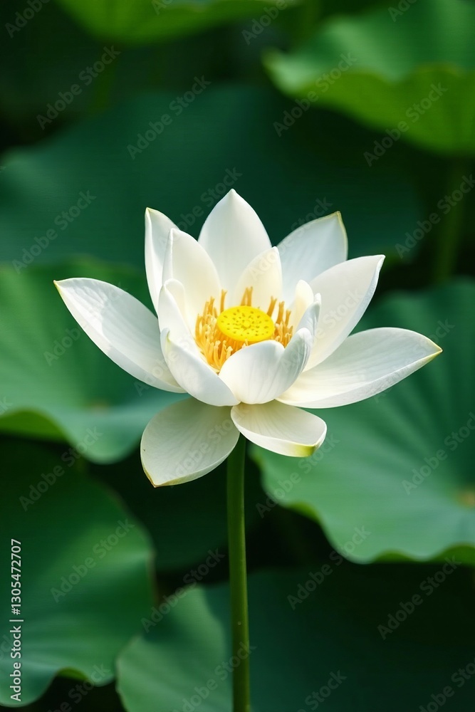 Single white lotus blossom with delicate petals and green lily pads, pond, calm Single white lotus blossom with delicate petals and green lily pads, pond, calm