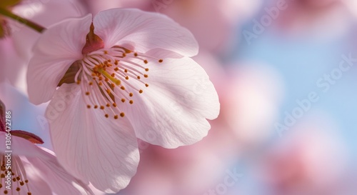 Close-up of Cherry Blossom Flower with Pink Petals and Blurred Background