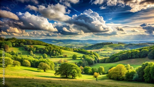Serene Rolling Hills Landscape Under a Dramatic Sky Lush Green Meadows and Forests Basking in the Golden Hour Light