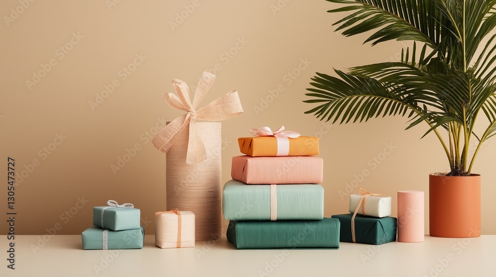 A stack of presents and a potted plant sit on a table. The presents are wrapped in colorful paper and ribbons, and the potted plant is a green palm. Concept of celebration and joy A stack of presents and a potted plant sit on a table. The presents are wrapped in colorful paper and ribbons, and the potted plant is a green palm. Concept of celebration and joy