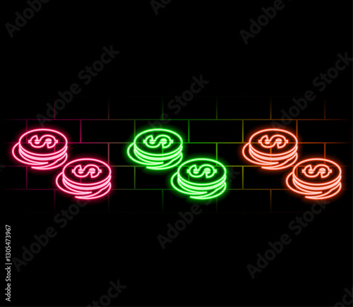 Outline neon dollar token icon. Glowing neon token frame with dollar sign, golden USDT coin pictogram. Digital USD token transaction, cryptocurrency exchange, virtual money wallet. Vector icon set.2