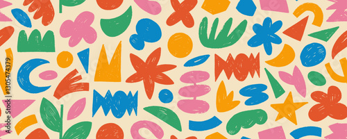 Seamless pattern with colorful crayon drawn organic shapes. Hand drawn geometric figures, organic plant shapes, geometric naive forms with pencil texture. Retro torn paper rough figures.