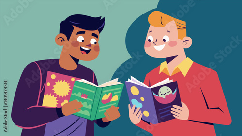 Two Gen X comic book enthusiasts enthusiastically exchange issues from their personal collections gushing over the intricate details and hidden Easter eggs within each panel.. Vector illustration