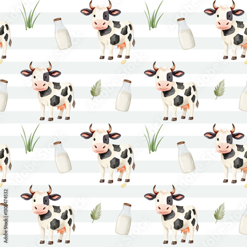 Seamless pattern with cute watercolor cow and milk bottle. Domestic animals. Farm animals watercolor pattern.