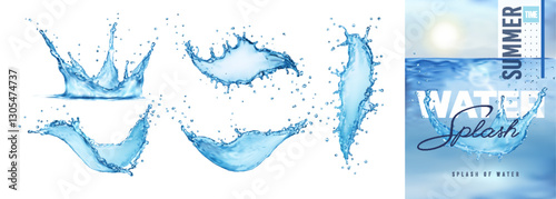 Water splash, drops. Blue waves. Sea and liquid background. Sunrise summer on ocean. 3D bubble, ripple, stream, fluid. Vector clean design poster, drink cover. Transparent backdrop.