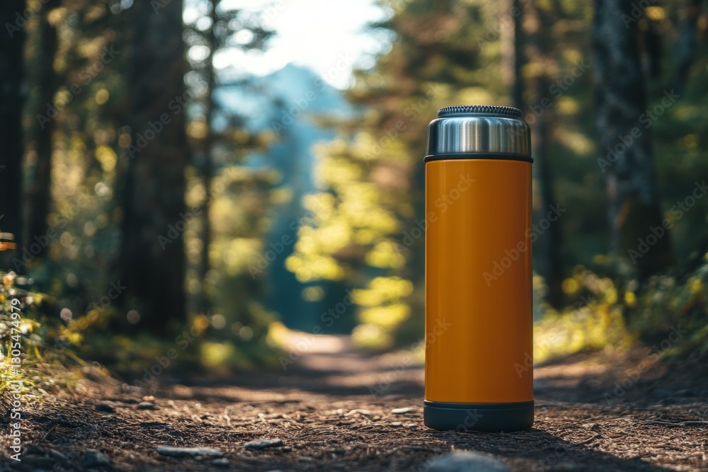 Orange thermos standing on a path through a forest during a sunny day, representing hiking and outdoor activities Orange thermos standing on a path through a forest during a sunny day, representing hiking and outdoor activities