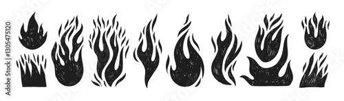 Crayon drawn fire flames icons collection. Hand drawn doodle flames stickers. Punk or rock style crayon drawn shapes. Burning vector symbols. Graffiti doodle vector figures, tattoo stickers.
